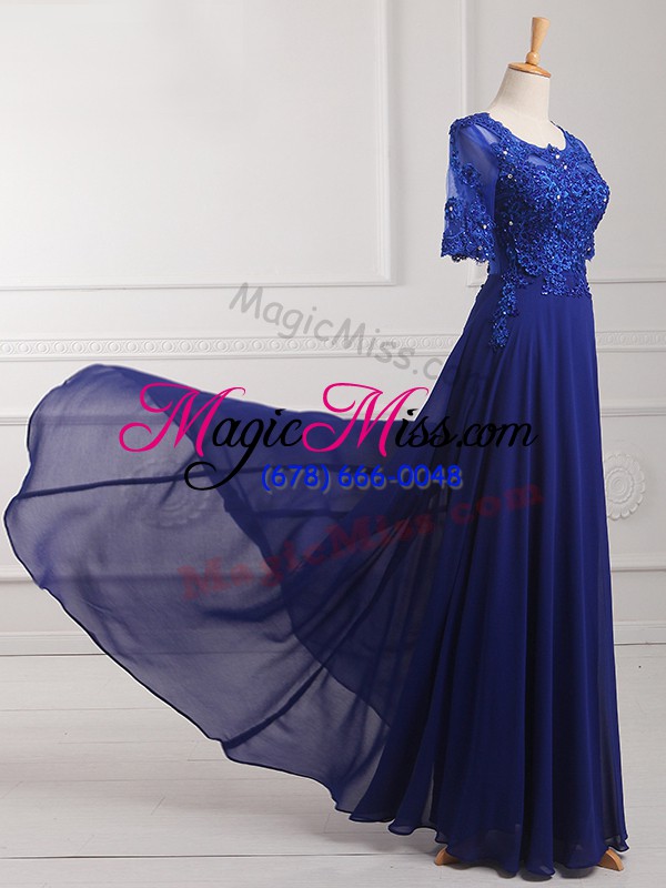 wholesale royal blue chiffon zipper scoop half sleeves floor length mother of the bride dress lace and appliques