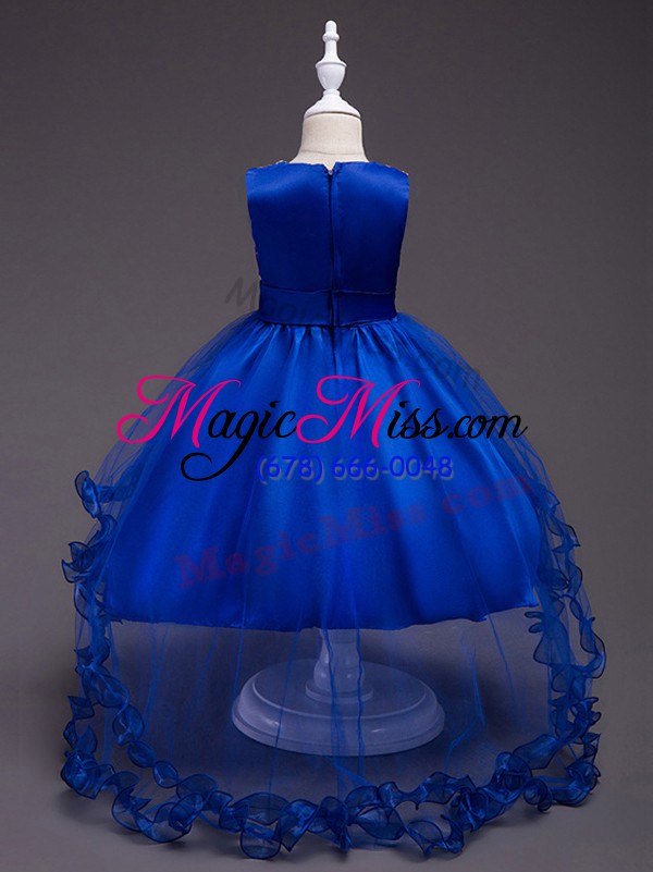 wholesale royal blue zipper pageant gowns for girls appliques and hand made flower sleeveless high low