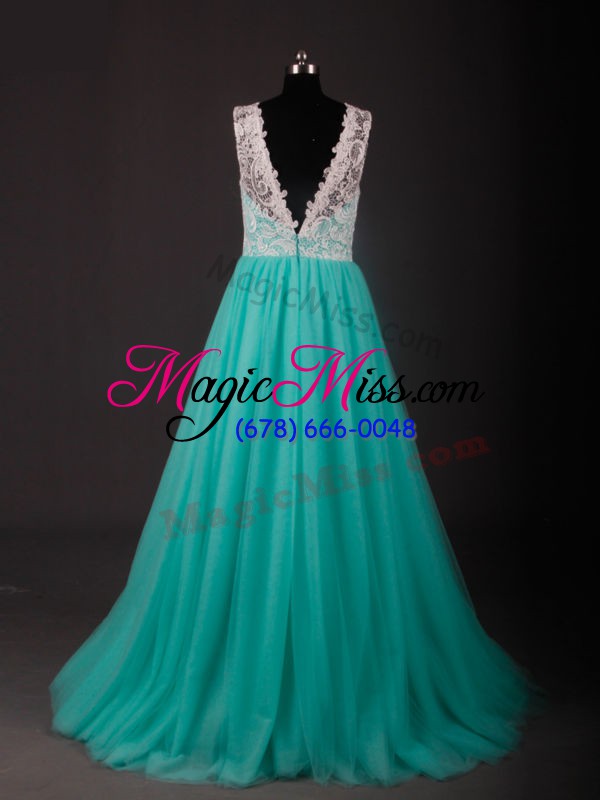 wholesale exquisite scoop sleeveless sweep train zipper prom party dress turquoise chiffon