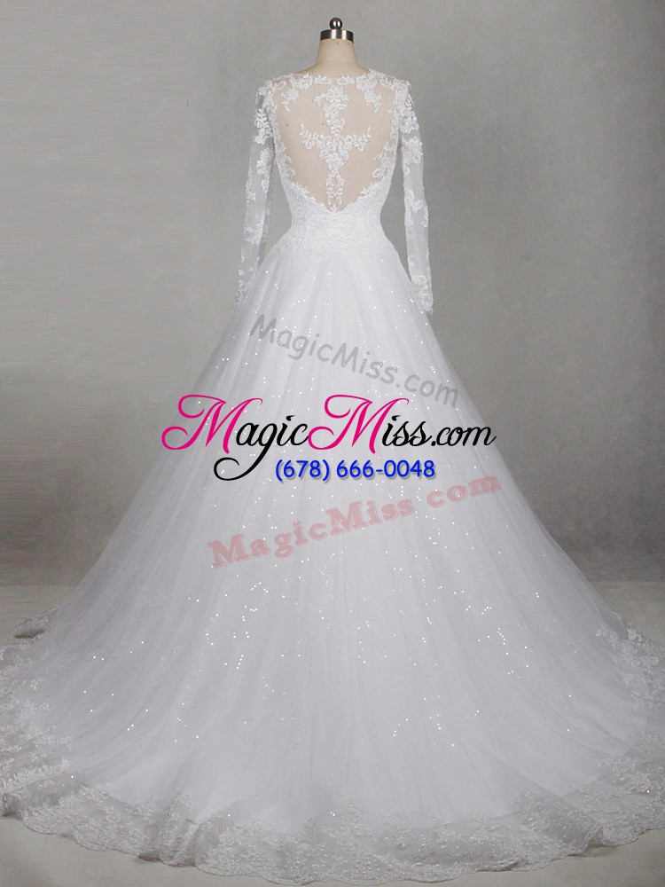 wholesale latest white wedding gown scoop long sleeves brush train side zipper
