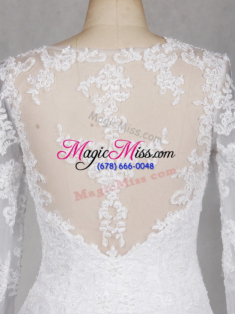 wholesale latest white wedding gown scoop long sleeves brush train side zipper