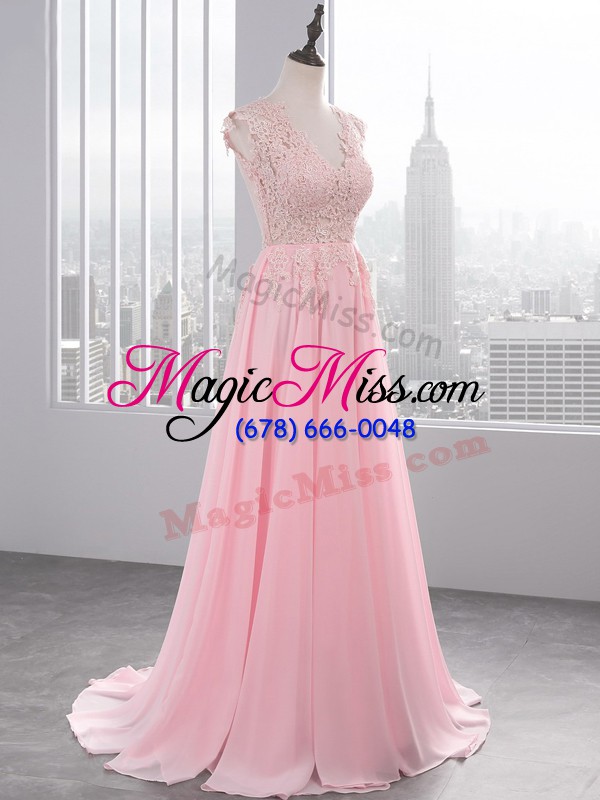 wholesale sleeveless chiffon brush train side zipper evening dress in baby pink with lace and appliques