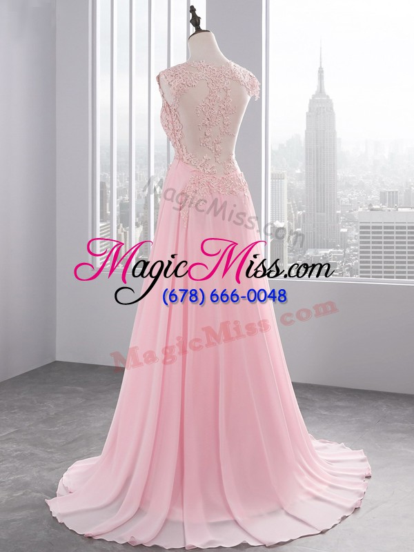 wholesale sleeveless chiffon brush train side zipper evening dress in baby pink with lace and appliques