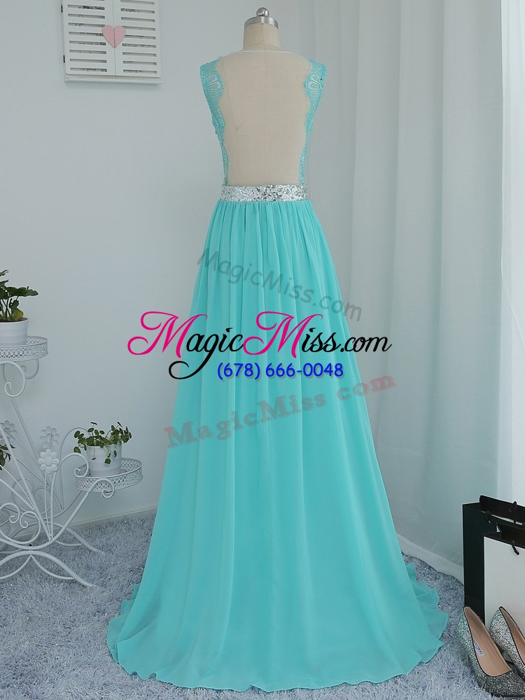 wholesale aqua blue sleeveless chiffon sweep train side zipper damas dress for prom and party and wedding party