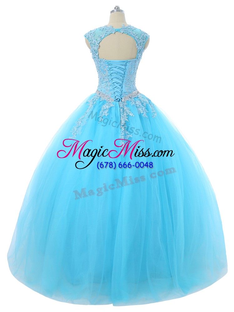 wholesale high class aqua blue ball gown prom dress sweet 16 and quinceanera with appliques scoop sleeveless lace up