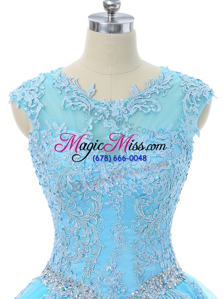 wholesale high class aqua blue ball gown prom dress sweet 16 and quinceanera with appliques scoop sleeveless lace up