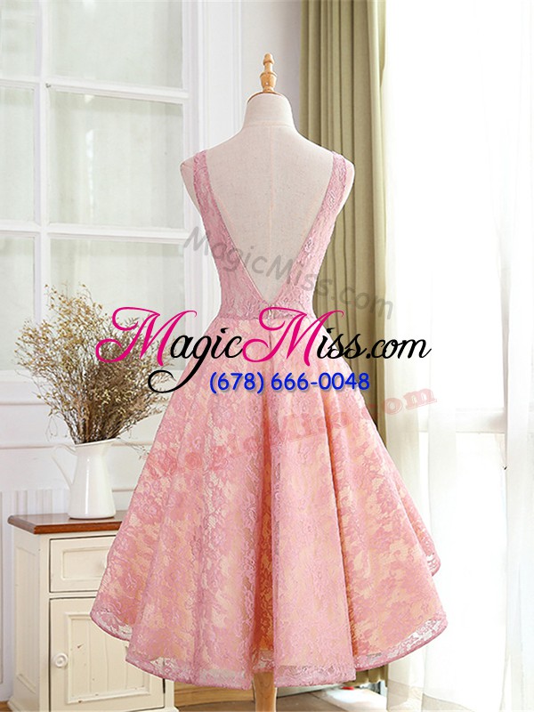 wholesale classical pink a-line lace and appliques evening party dresses backless lace sleeveless high low