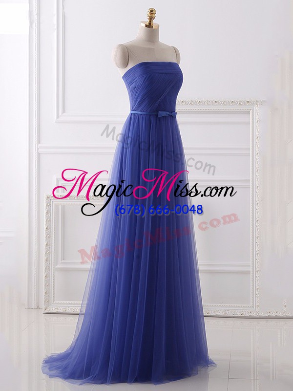 wholesale amazing sleeveless floor length beading and belt zipper prom dress with blue