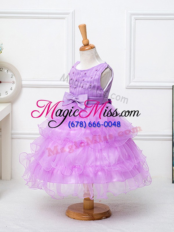 wholesale cute lilac scoop neckline ruffled layers and bowknot flower girl dress sleeveless zipper