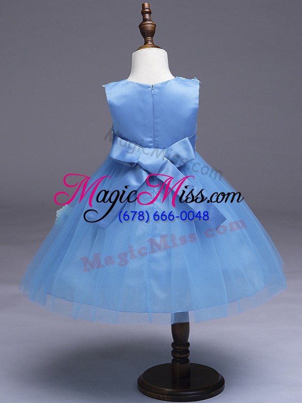 wholesale classical light blue ball gowns tulle scoop sleeveless appliques and bowknot knee length zipper girls pageant dresses