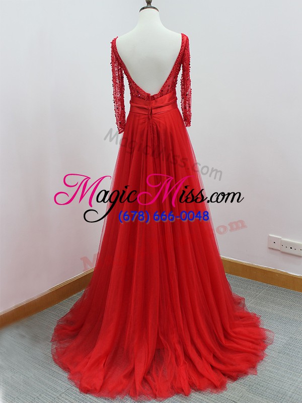 wholesale a-line long sleeves red evening party dresses brush train backless