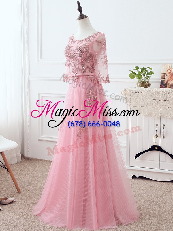 wholesale pink empire scoop 3 4 length sleeve tulle floor length lace up lace and appliques and belt mother of the bride dress