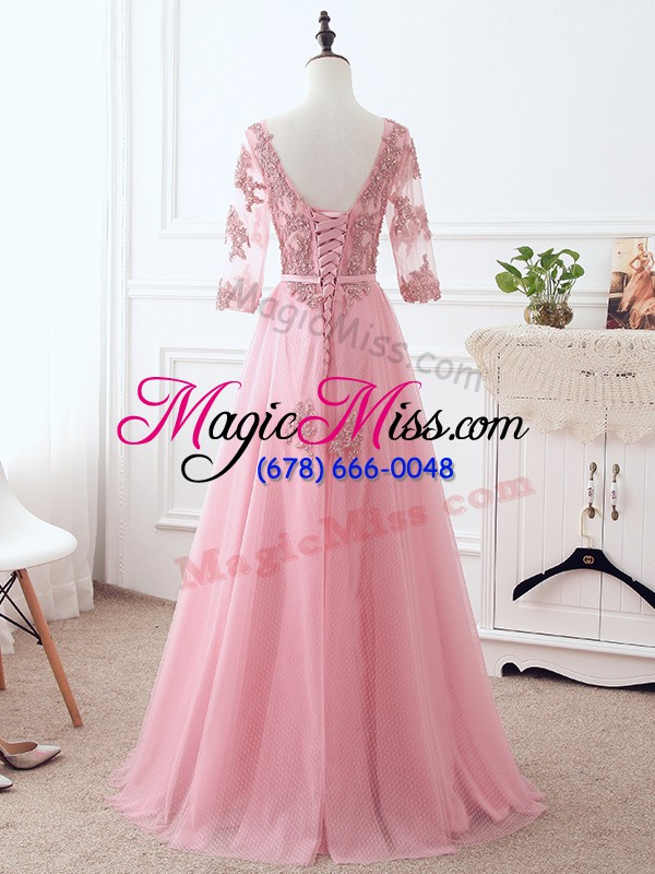 wholesale pink empire scoop 3 4 length sleeve tulle floor length lace up lace and appliques and belt mother of the bride dress
