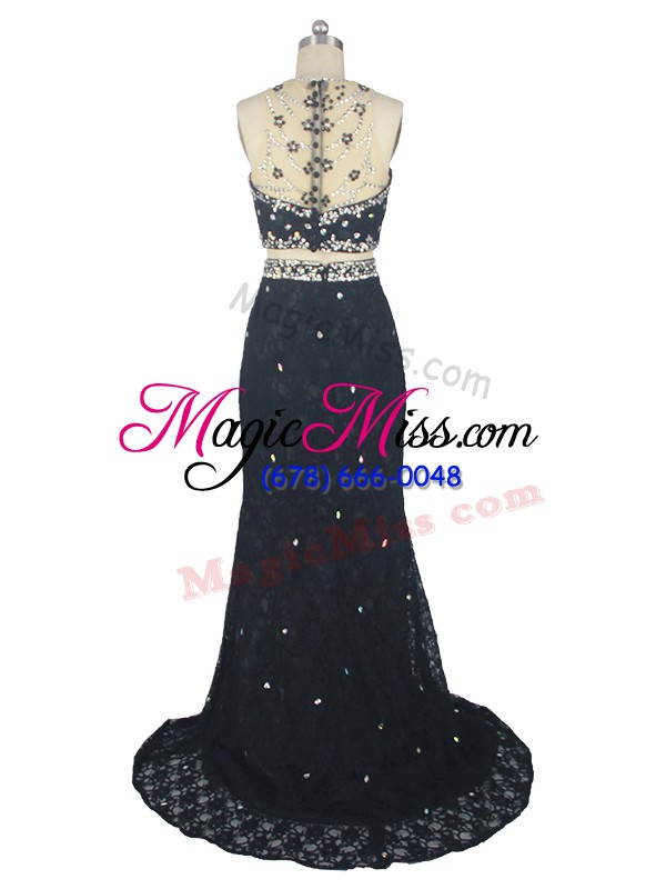 wholesale black column/sheath high-neck sleeveless lace brush train zipper beading and lace evening dress