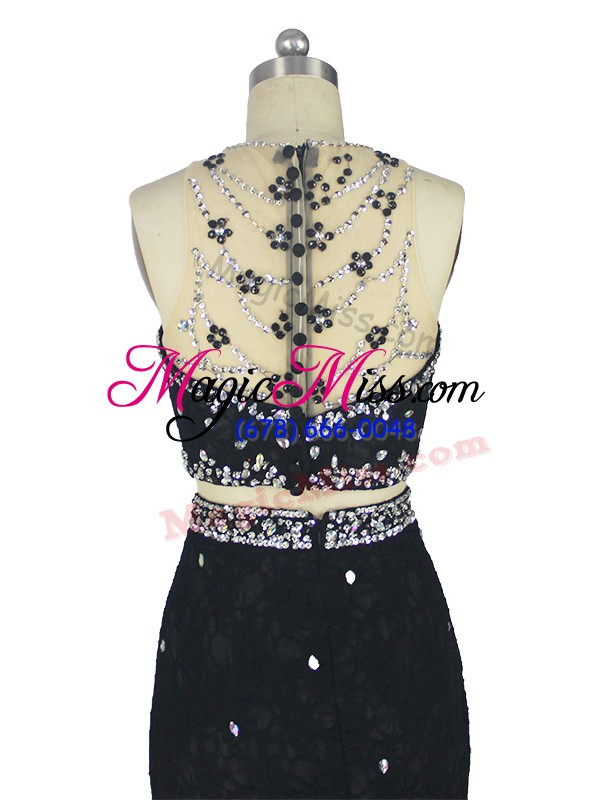 wholesale black column/sheath high-neck sleeveless lace brush train zipper beading and lace evening dress