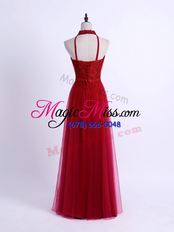 wholesale delicate halter top sleeveless tulle bridesmaid gown lace and appliques lace up