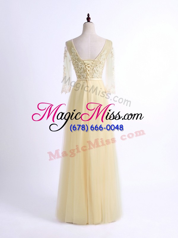 wholesale custom fit light yellow half sleeves tulle lace up bridesmaids dress for prom and party and wedding party