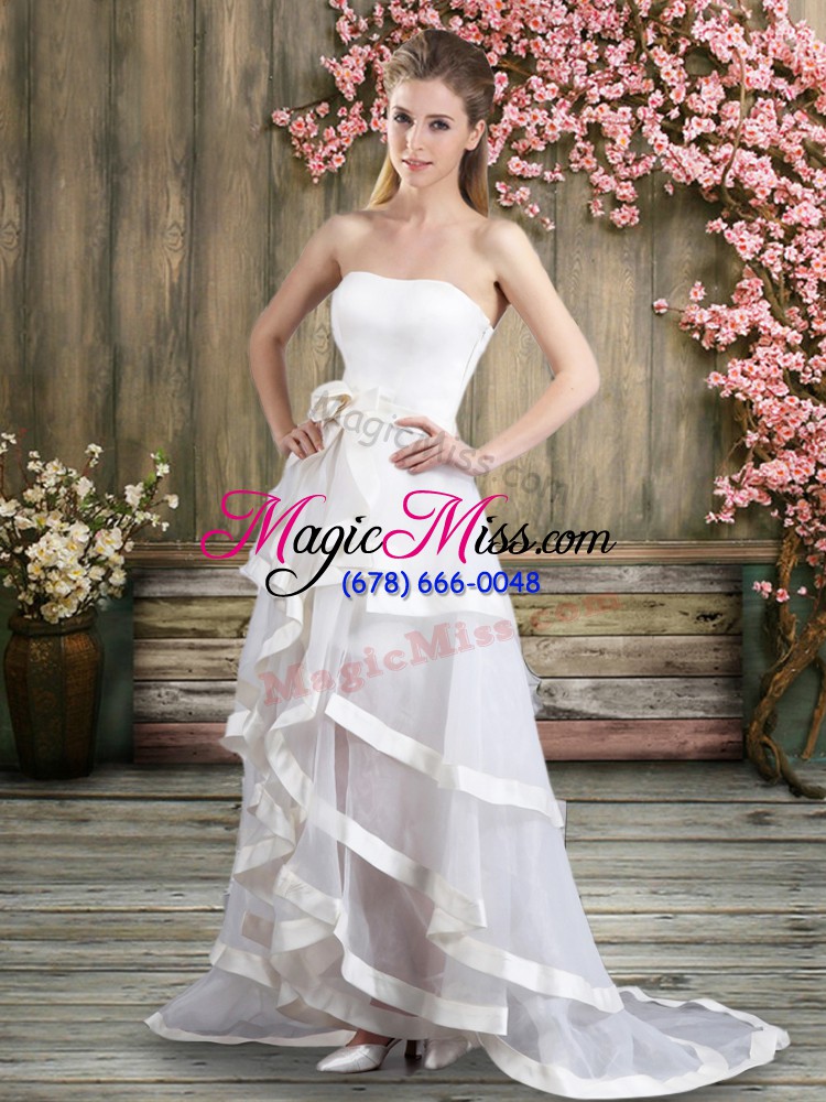 wholesale customized white off the shoulder backless ruffled layers and belt wedding gowns sweep train sleeveless
