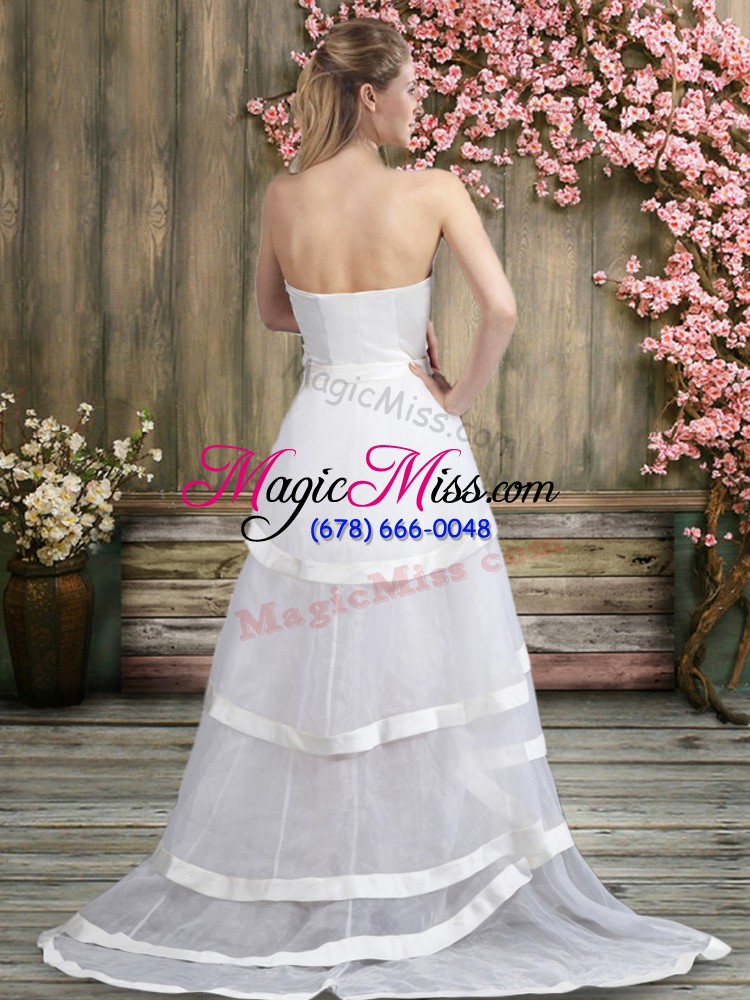 wholesale customized white off the shoulder backless ruffled layers and belt wedding gowns sweep train sleeveless
