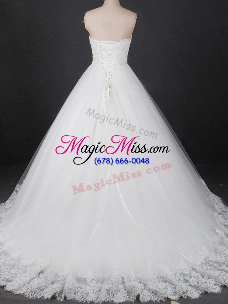 wholesale white lace up wedding dresses beading and lace sleeveless brush train