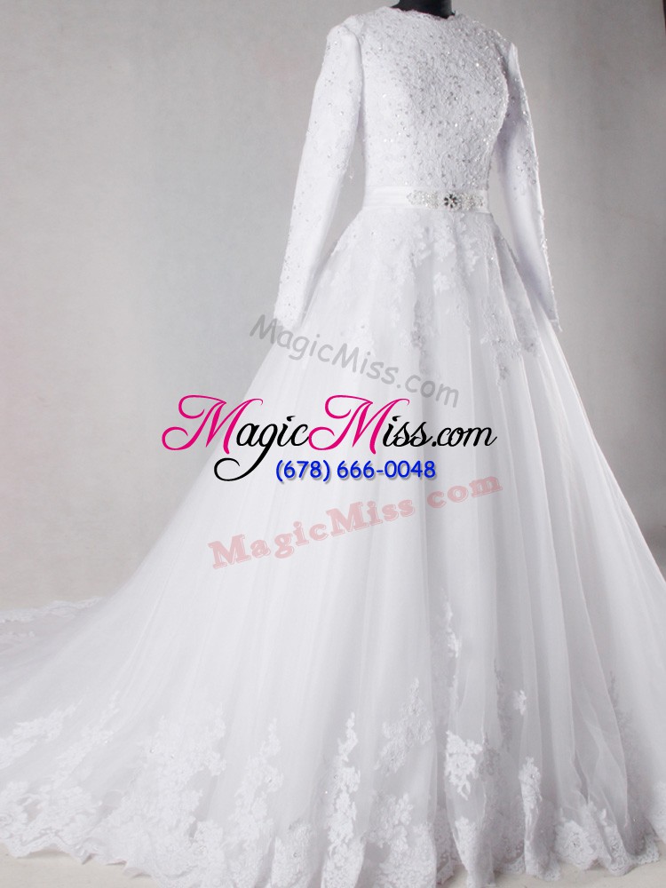 wholesale scalloped long sleeves brush train lace up bridal gown white tulle