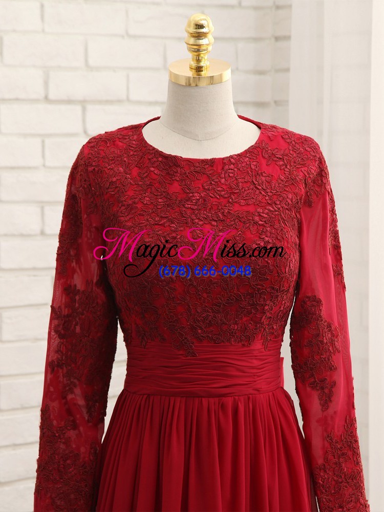 wholesale wine red empire scoop long sleeves chiffon floor length zipper lace and appliques mother of the bride dress