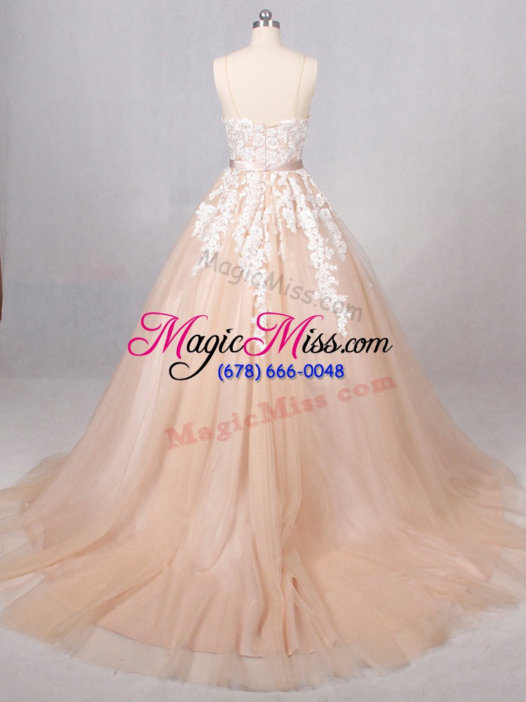 wholesale customized champagne tulle zipper wedding gown sleeveless brush train appliques