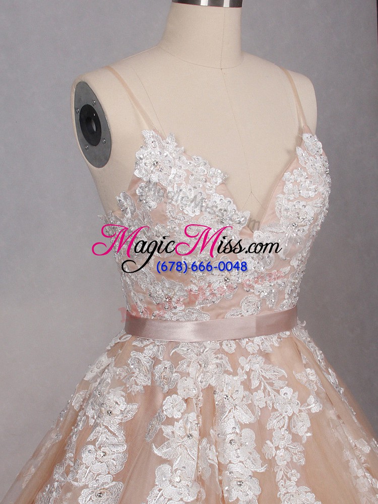 wholesale customized champagne tulle zipper wedding gown sleeveless brush train appliques