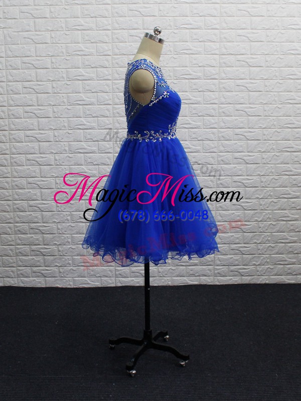 wholesale royal blue tulle zipper scoop sleeveless mini length club wear beading and ruching