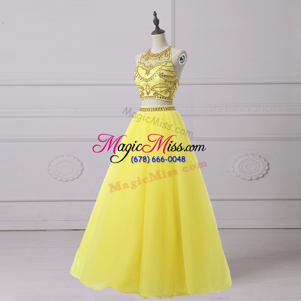 wholesale fitting halter top sleeveless backless dress for prom yellow organza