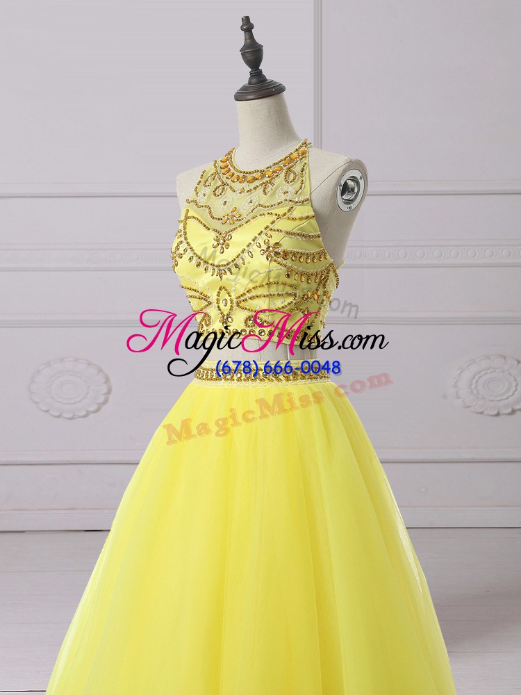 wholesale fitting halter top sleeveless backless dress for prom yellow organza