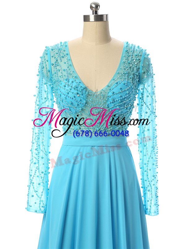 wholesale dynamic baby blue chiffon zipper mother of groom dress long sleeves brush train beading