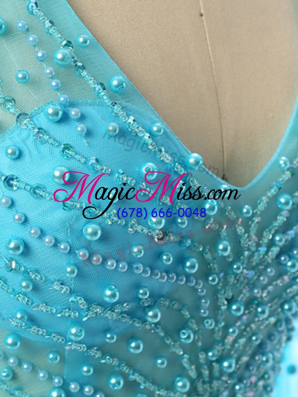 wholesale dynamic baby blue chiffon zipper mother of groom dress long sleeves brush train beading