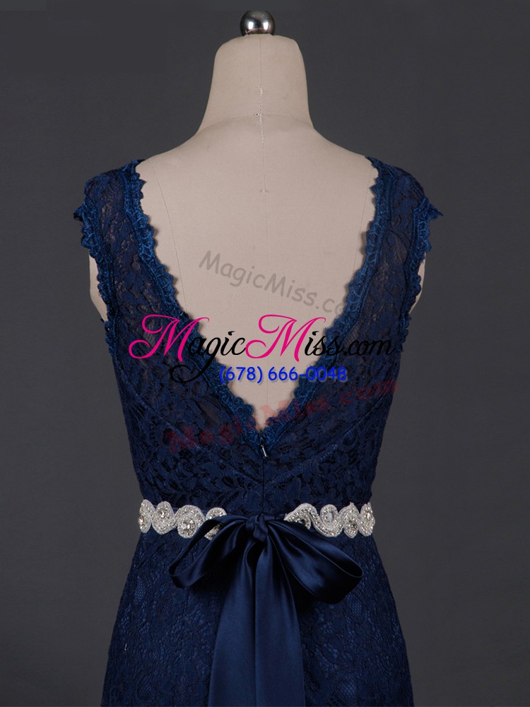 wholesale stunning navy blue lace backless mother of the bride dress sleeveless floor length beading