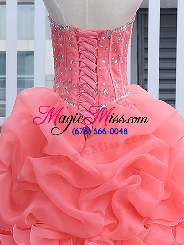 wholesale watermelon red ball gowns beading and ruffles and pick ups 15th birthday dress lace up organza sleeveless floor length