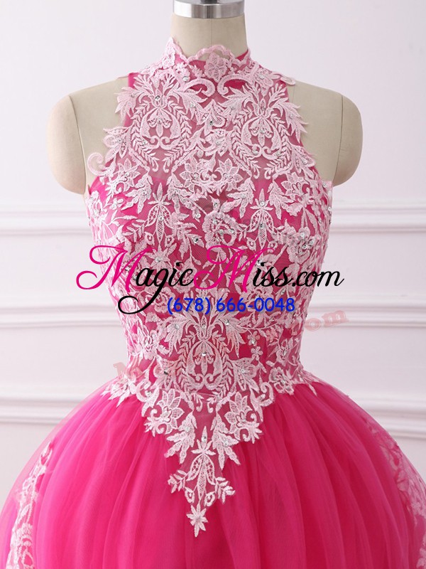 wholesale hot pink ball gowns lace vestidos de quinceanera zipper tulle sleeveless floor length
