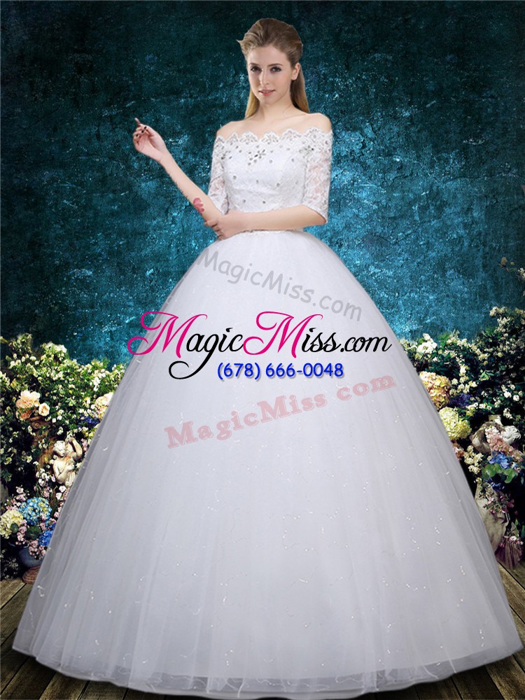 wholesale comfortable white half sleeves beading and embroidery floor length bridal gown
