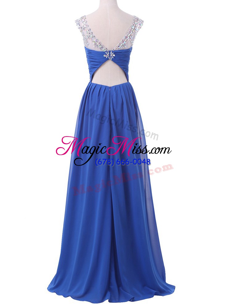 wholesale stylish chiffon scoop sleeveless sweep train side zipper beading party dress for girls in blue
