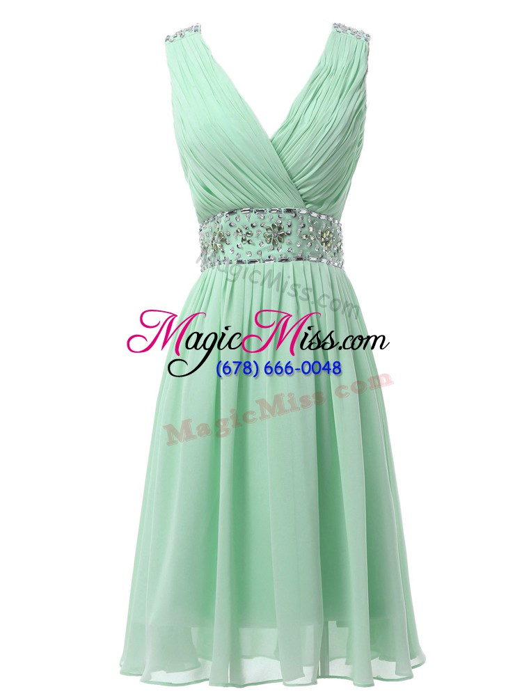 wholesale apple green zipper bridesmaids dress beading and ruching sleeveless knee length