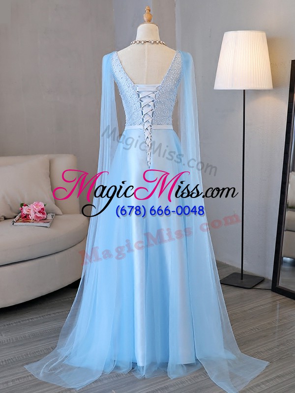 wholesale baby blue long sleeves beading and belt lace up prom dress