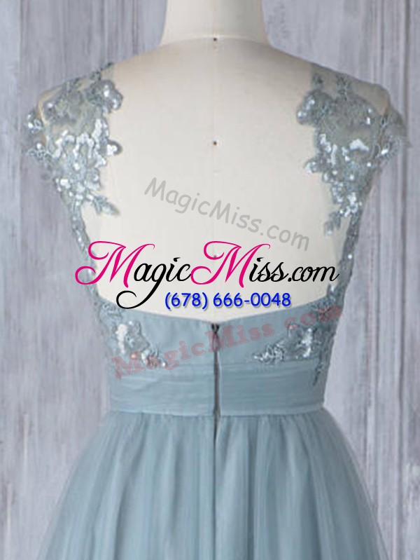 wholesale grey empire tulle scoop cap sleeves appliques floor length zipper bridesmaid dresses