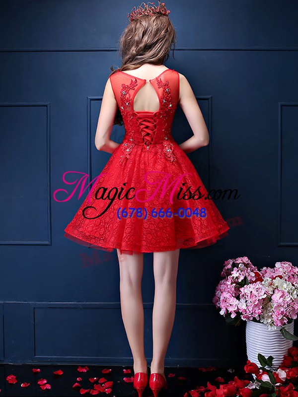 wholesale high class orange red sleeveless beading and lace knee length wedding party dress