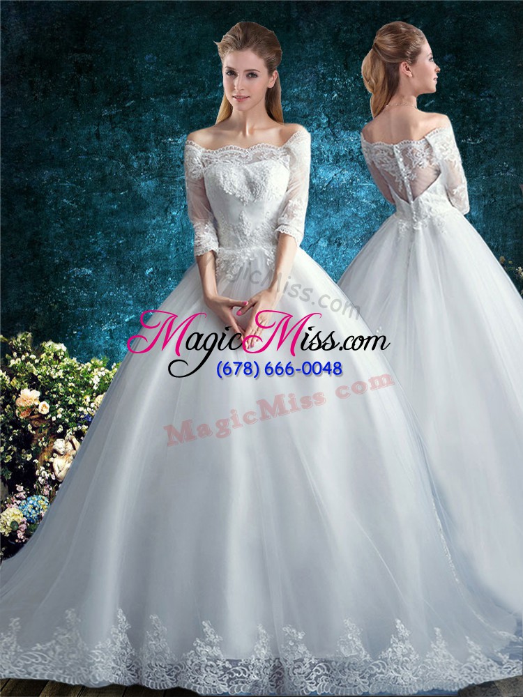 wholesale custom made court train three pieces wedding gowns white off the shoulder tulle half sleeves clasp handle