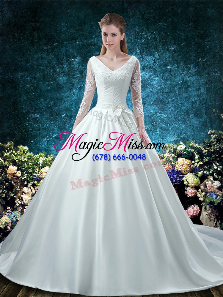 wholesale new arrival white wedding dresses wedding party with lace and belt v-neck 3 4 length sleeve chapel train lace up