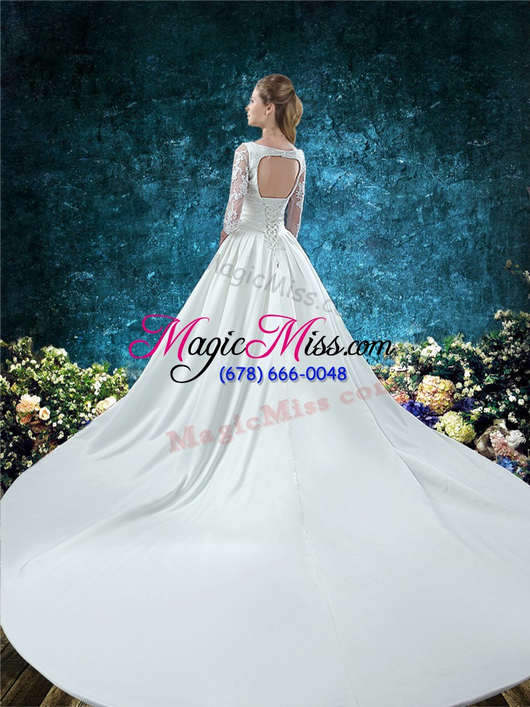 wholesale new arrival white wedding dresses wedding party with lace and belt v-neck 3 4 length sleeve chapel train lace up
