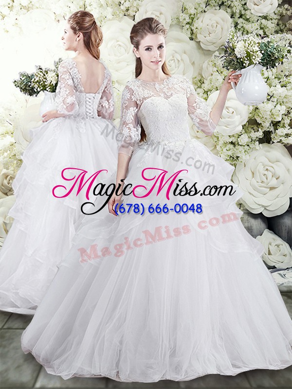 wholesale lace and ruffles wedding gown white lace up half sleeves brush train