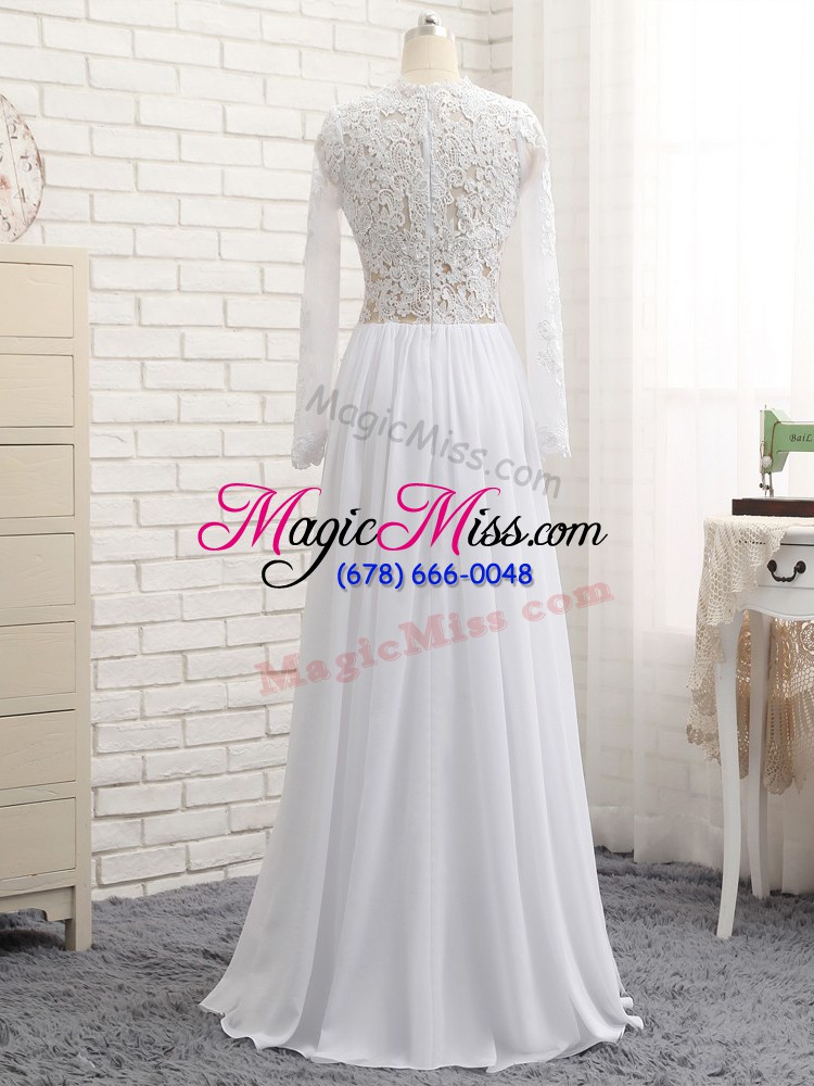 wholesale long sleeves chiffon floor length zipper homecoming dress in white with lace and appliques