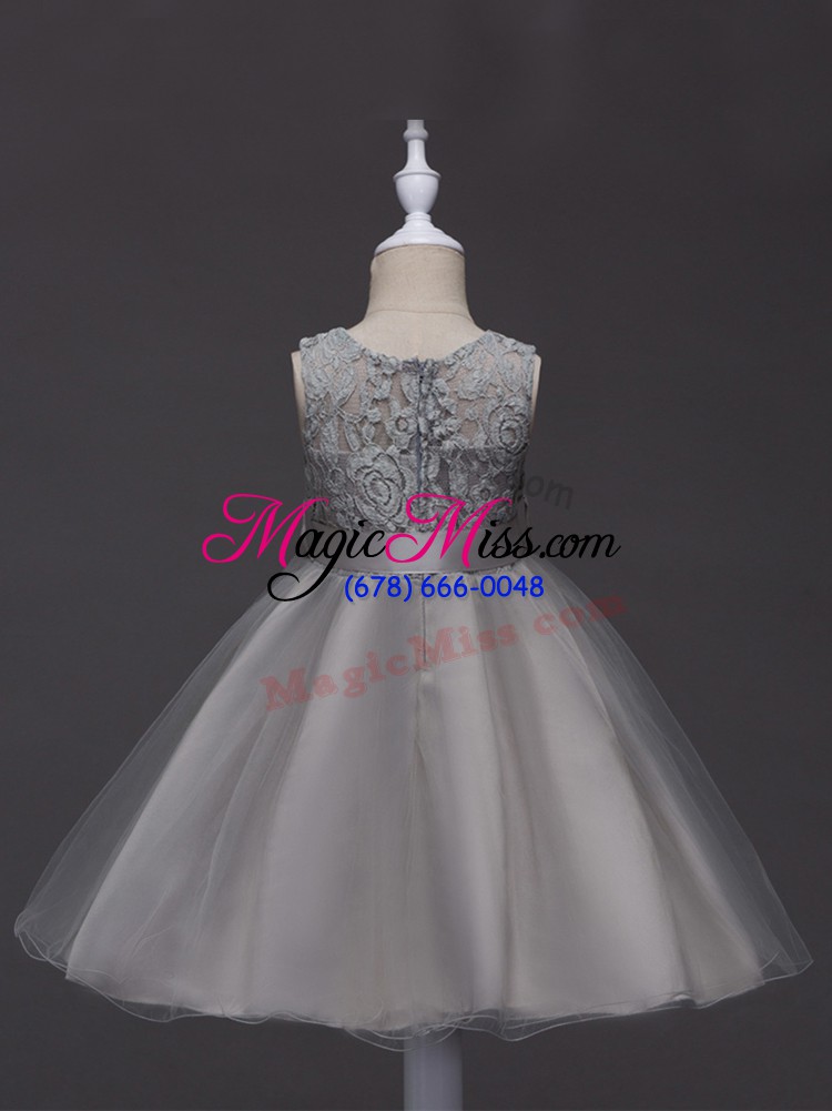 wholesale sophisticated grey sleeveless knee length lace and belt zipper flower girl dress