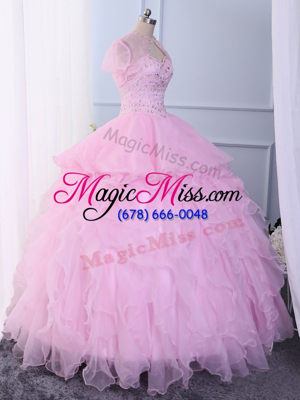wholesale beading and ruffles quinceanera dresses pink lace up sleeveless floor length