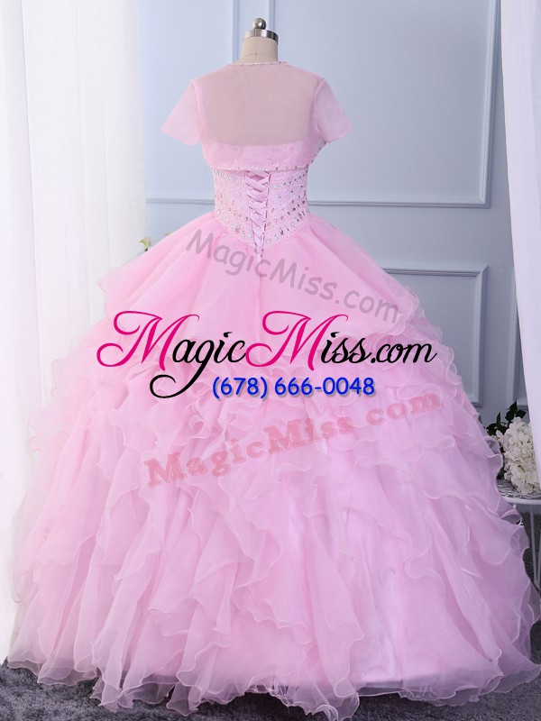 wholesale beading and ruffles quinceanera dresses pink lace up sleeveless floor length